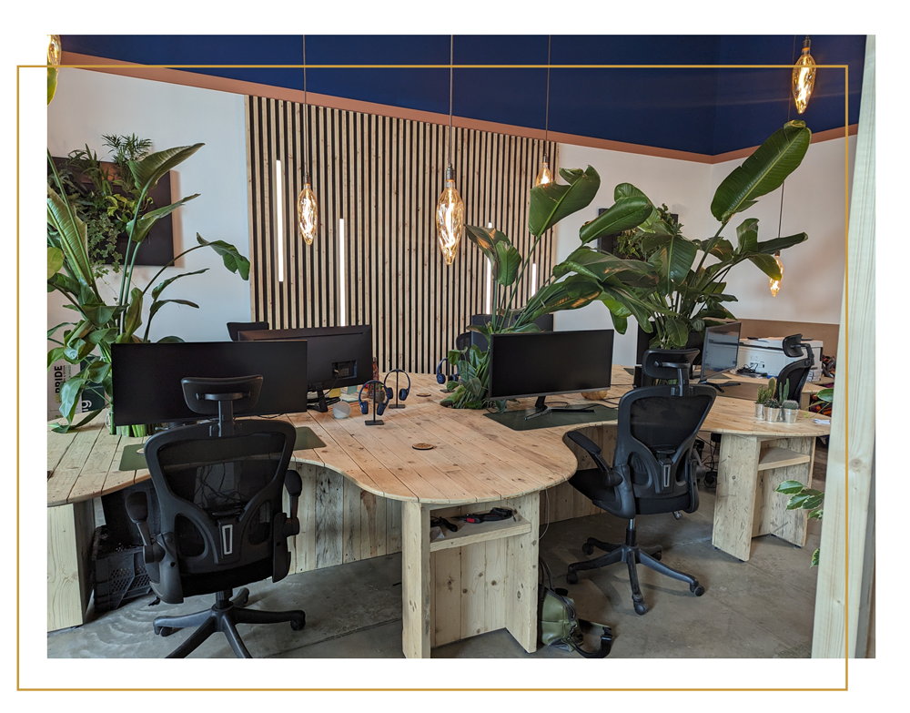 A modern office space with wooden desks in a yellow border frame.