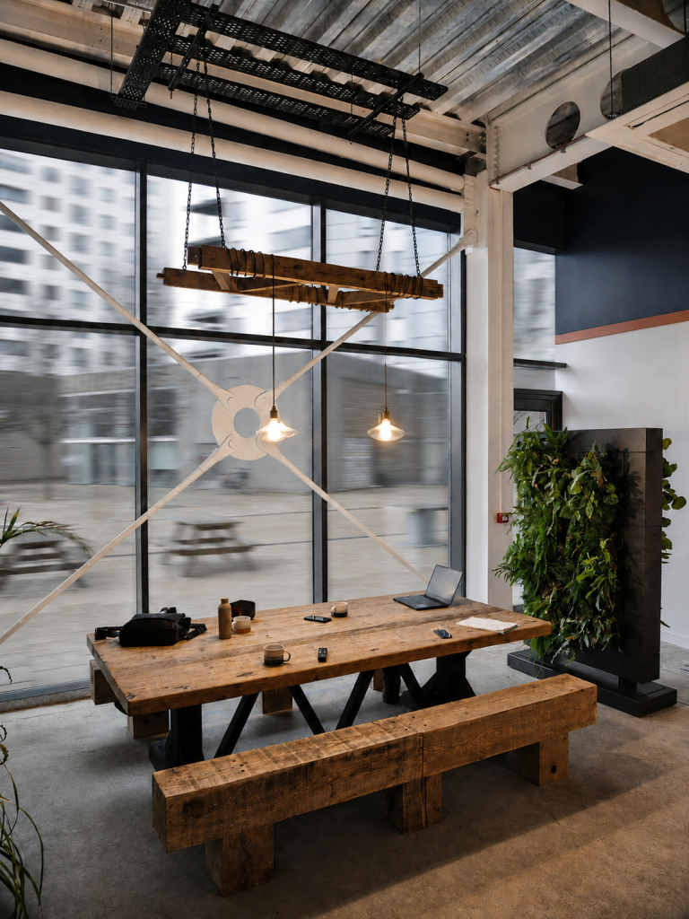Bespoke reclaimed timber communal table and bench beneath a suspended timber lighting feature in a planted commercial interior.