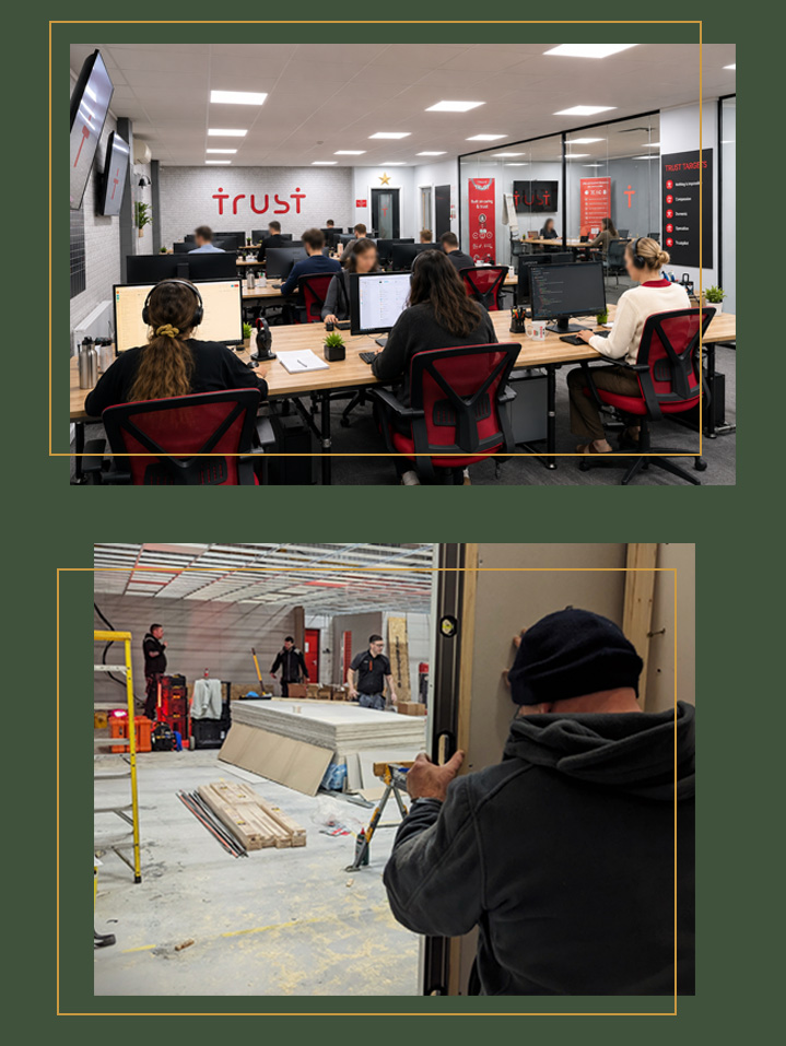 Completed Trust office workspace and fit-out installation in progress, showing BB Designs’ commercial interior design and build work.