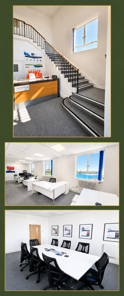 MDUK office renovation and refurbishment in Durham showing reception area with grey carpet and staircase, main office with white desks and grey carpet tiles, and meeting room with white table and refurbished black mesh chairs