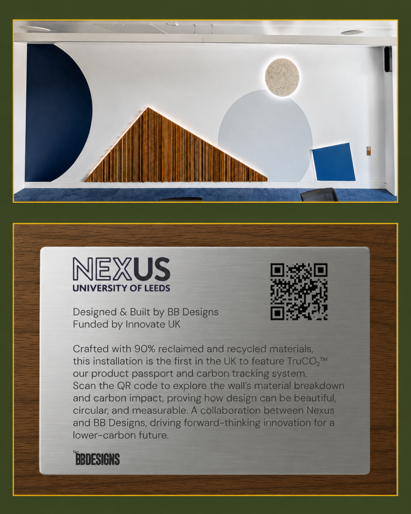 Nexus University of Leeds bespoke feature wall installation showing reclaimed wood slat mountain form with LED backlighting, geometric painted shapes and backlit circular acoustic panel, designed and built by BB Designs
