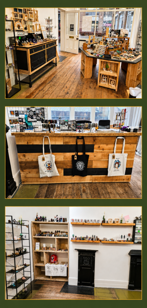 14 Westgate Byram Arcade shop fitting and interior design showing bespoke reclaimed timber sales counter, upcycled Edwardian display unit, hexagonal display table and fitted shelving units, Huddersfield