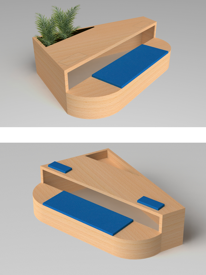 Bespoke planter bench unit with integrated seating and desk pads