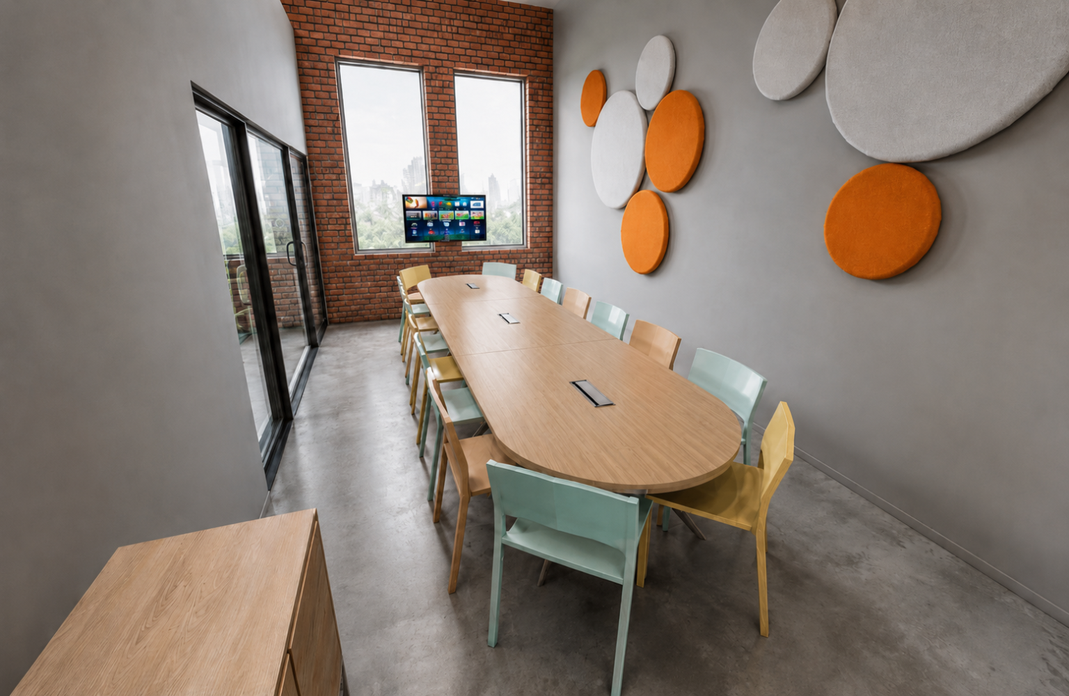 Bespoke commercial meeting table with colourful chairs and acoustic wall panels