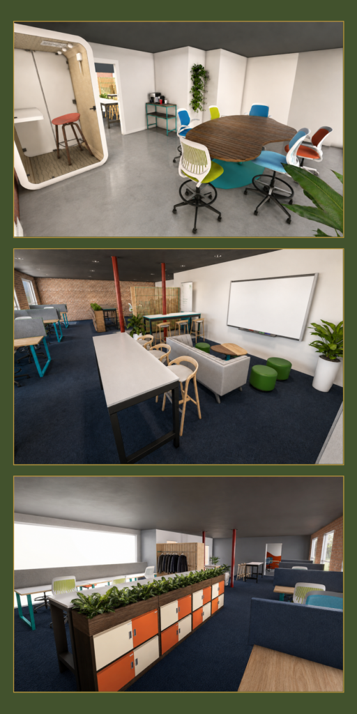 Halifax Opportunities Trust lobby and co-working space interior design renders showing meeting room with oval table, open plan co-working area with bar table and breakout seating, and storage units with integrated planter, Halifax West Yorkshire