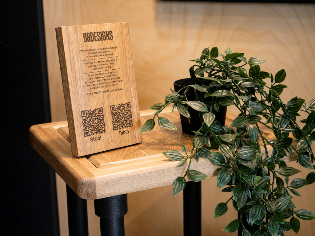 BB Designs product passport QR code on reclaimed timber sign