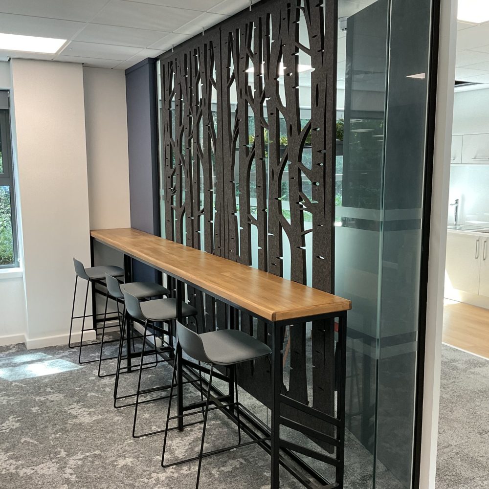 Bespoke high bench table with acoustic screen for office breakout space