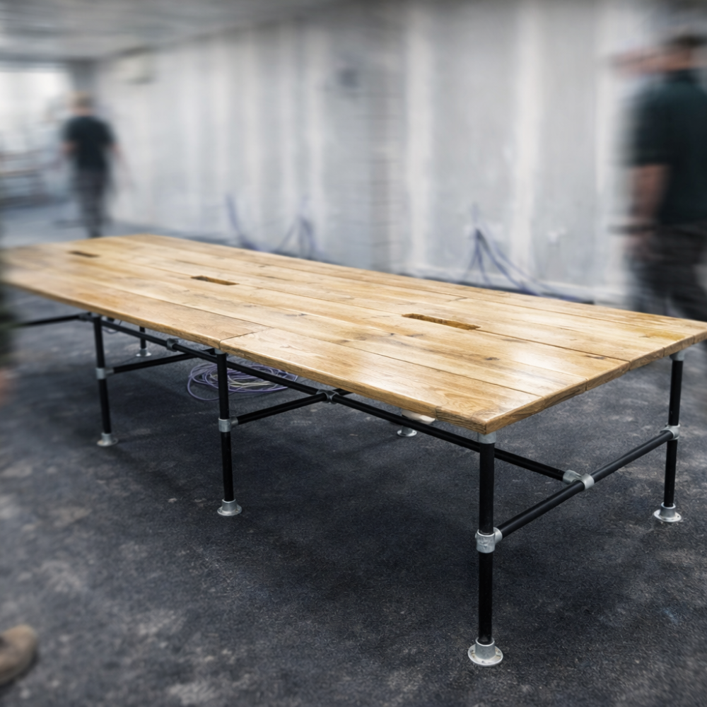 Office interior build Garforth featuring a bespoke reclaimed timber boardroom table for Trust Electric Heating by BB Designs.